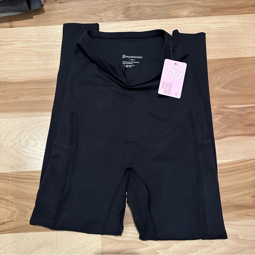 Poshdivah Women's Black High-Rise Maternity Leggings with Pockets